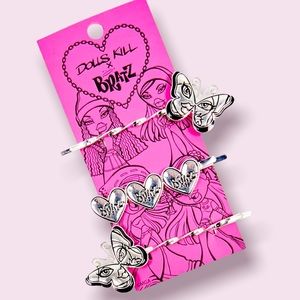 BRATZ X Dolls Kill Silver Metal Pop Diva Puns Set X 3, Butterflies & BRATZ NWT
